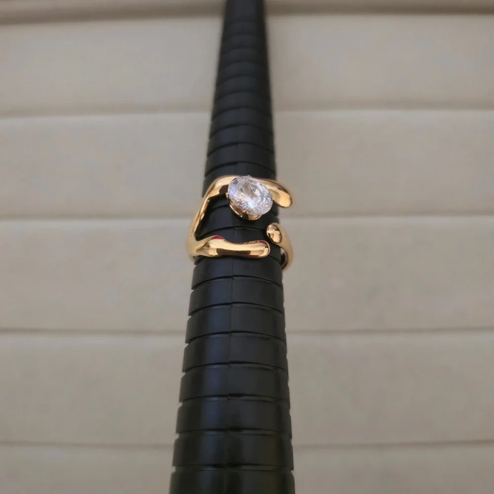 18K Gold Plated Stainless Steel Organic Molten Ring CZ Accent Size 6.5